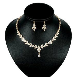 Gold Wedding Bridal Earrings Necklace Set Cubic Zirconia Grade 3A CZ Crystal